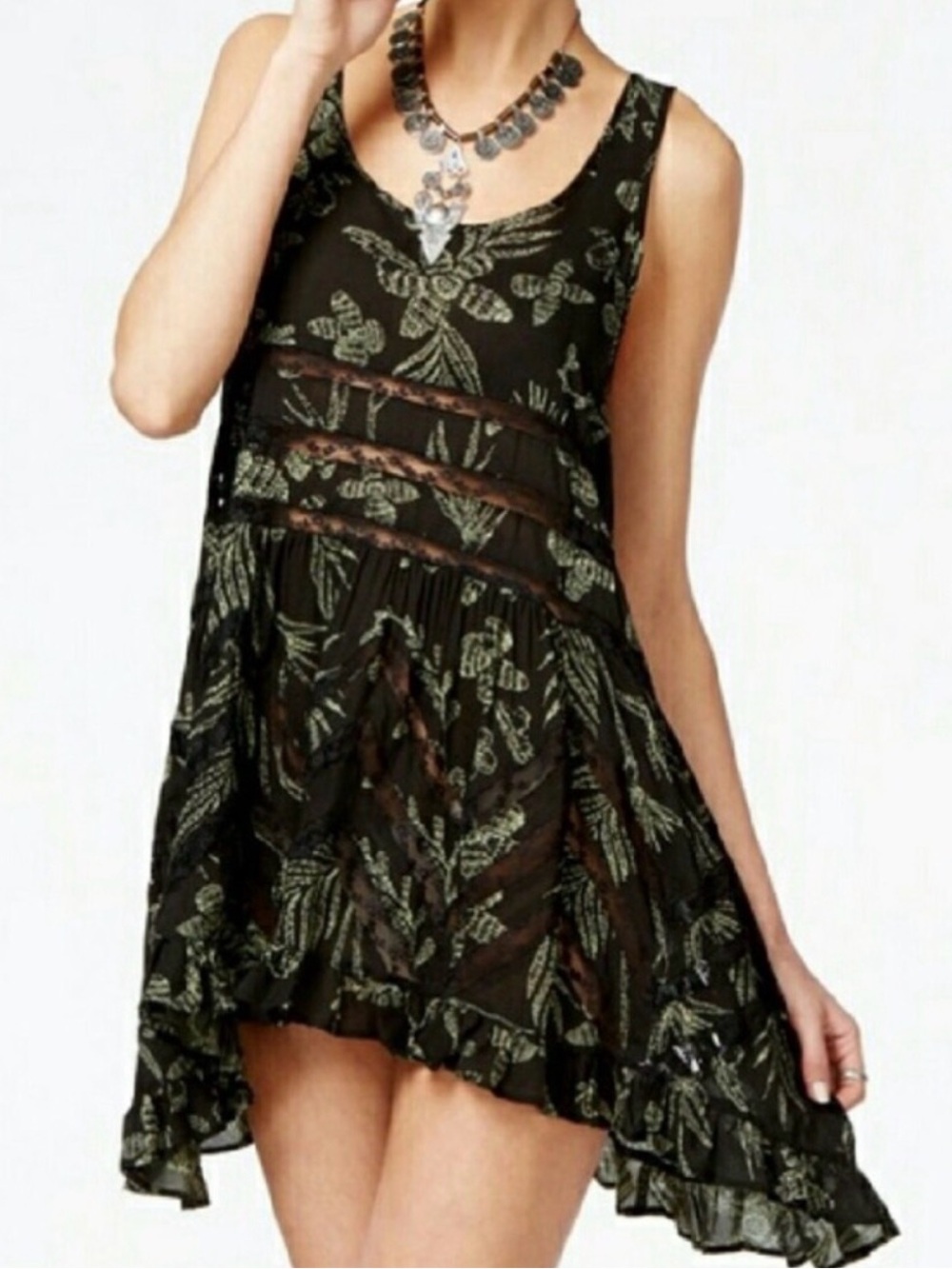 FREE PEOPLE Voile and Lace Trapeze Slip Dress Black Green Fern XS - Picture 11 of 11